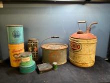 Sohio oil can, minnow bucket, other vintage tins