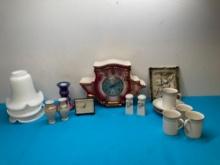 Clocks, royal Doulton demitasse set, more