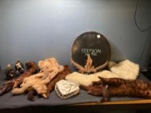 Vintage mink fur pieces stoles etc and opera glasses with feathers also perfume bottles