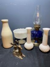 2 vintage Hobnail Milk Glass vases, Vintage cobalt blue glass Hurricane Oil Lamp, vintage milk glass
