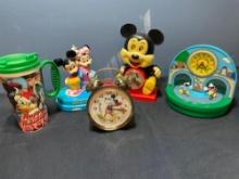Mickey Mouse clocks, Disney travel mug and misc toy figures and toys