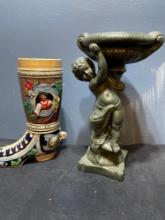 decorative pieces including vintage Boot Beer Stein, vintage Cherub stature with trinket bowl,