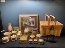 Roseville pottery, vanity boxes, cast iron sad iron, basket