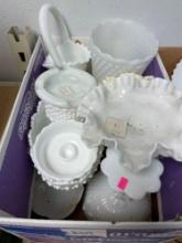 several milk glass pieces including basket bowls, pedestal bowls cups and more