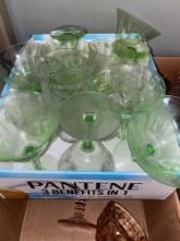 Green depression glass, vintage Anchor Hocking glass and more