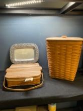 2 Longaberger baskets, and a pewter tray