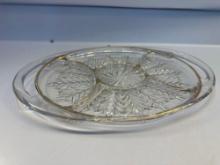 Vintage Divided Gold Trim Glass Serving Tray With Handles