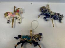 3 Porcelain Carousel Horse Ornaments