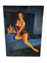 Original 1950's Pin-Up Girl Oil Painting.