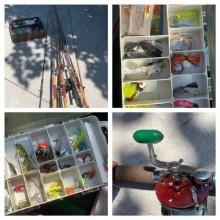 Group of Fishing Rods, Reels and Full Tackle Box