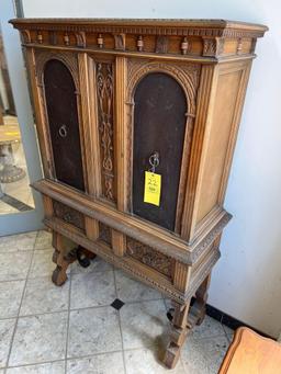 1940s Ornate Wood Dining Room Hutch with Leather Inlay Doors and Wrought Iron Accents