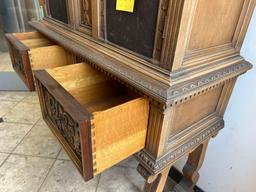 1940s Ornate Wood Dining Room Hutch with Leather Inlay Doors and Wrought Iron Accents