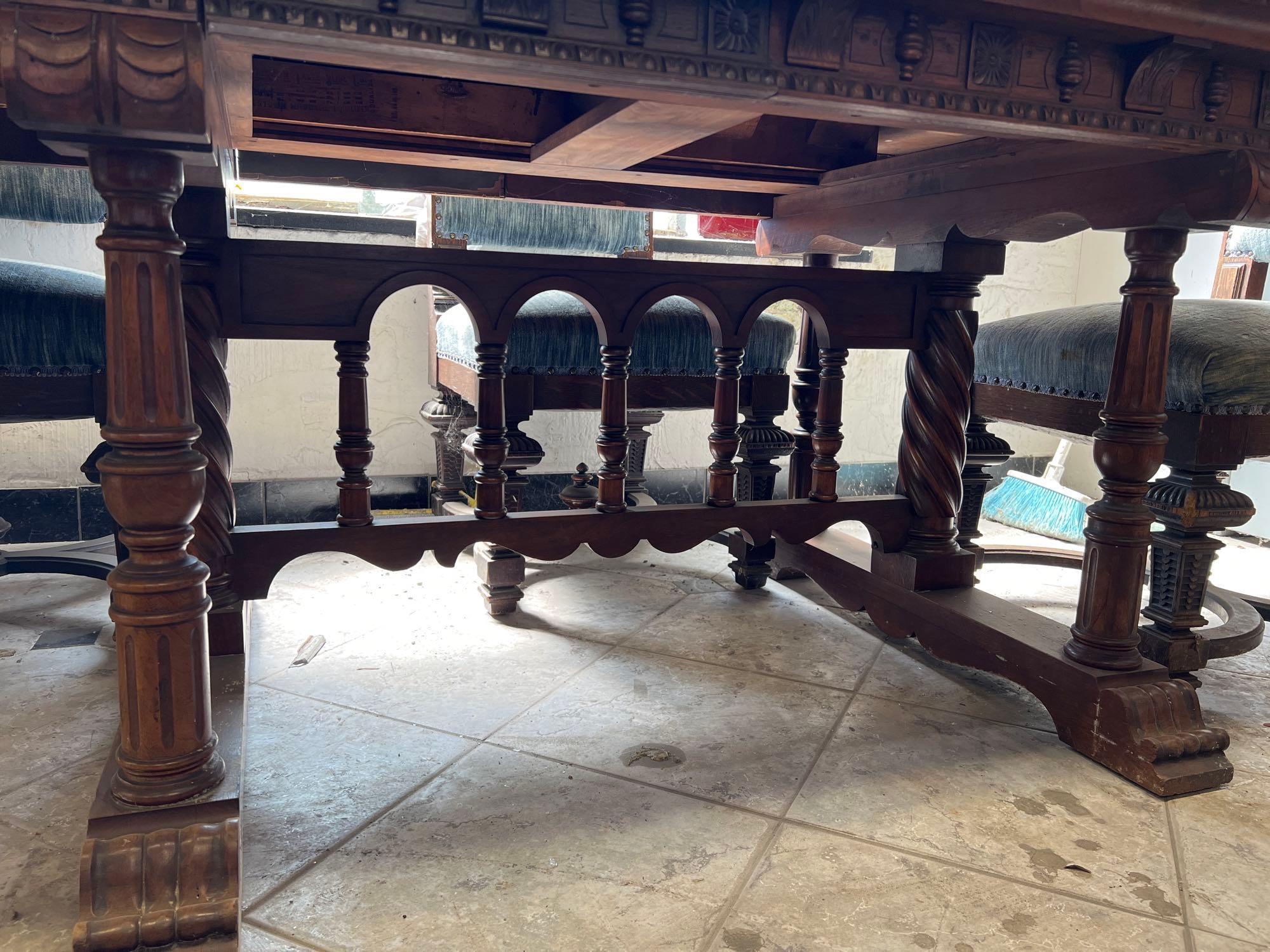 Ornate Heavy Carved Wood Dining Room Set with Six Chairs and Two Leaves