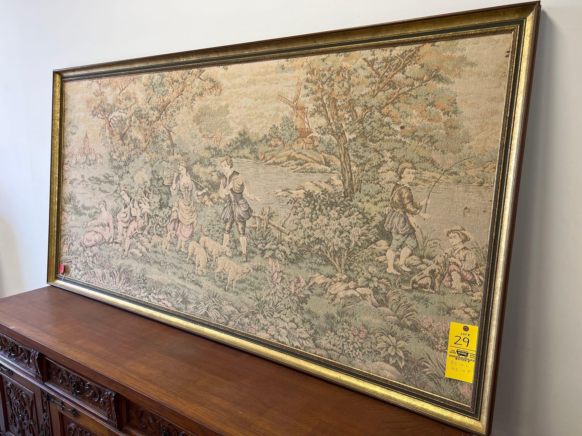 Large 1950s Framed Belgian Tapestry with Outdoor Scene