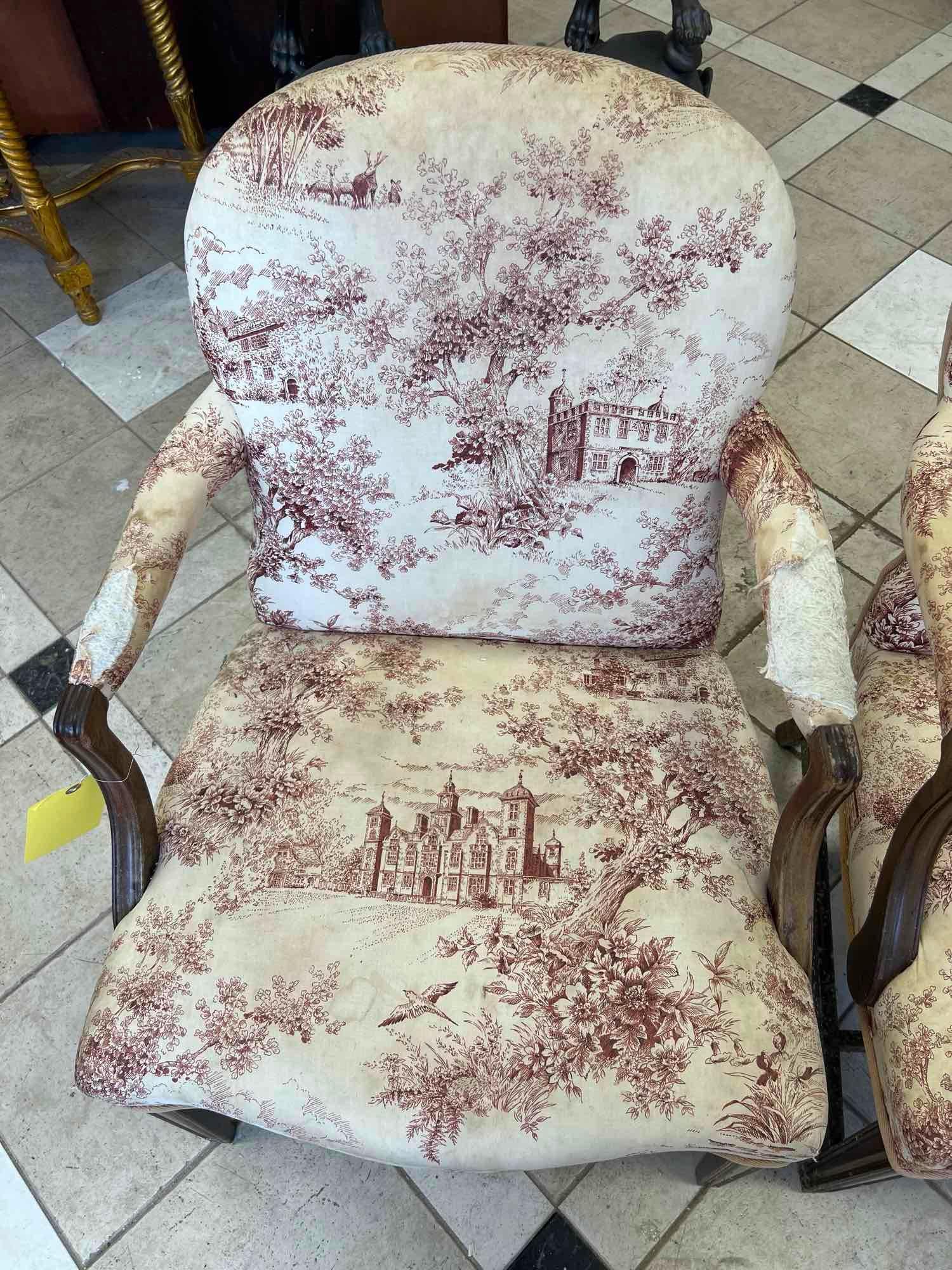 Pair of Early Upholstered Arm Chairs