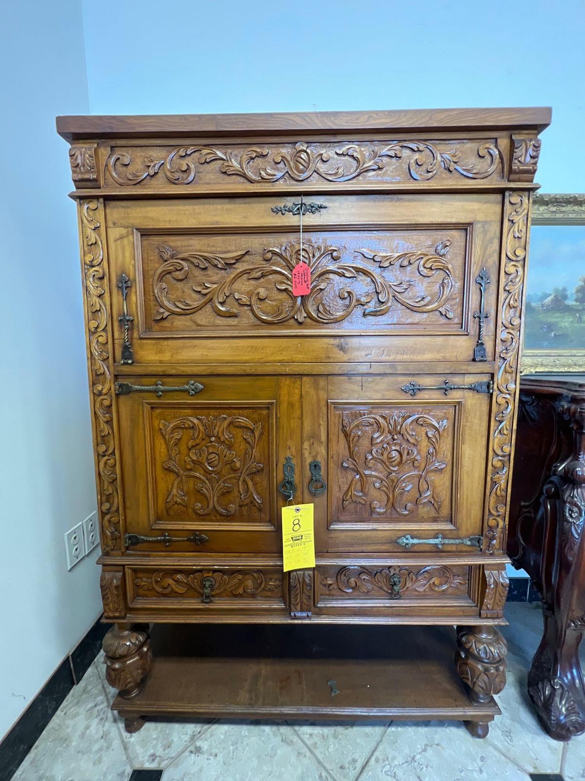 Ornate 1940s Mexican Walnut Drop Front Liquor Cabinet