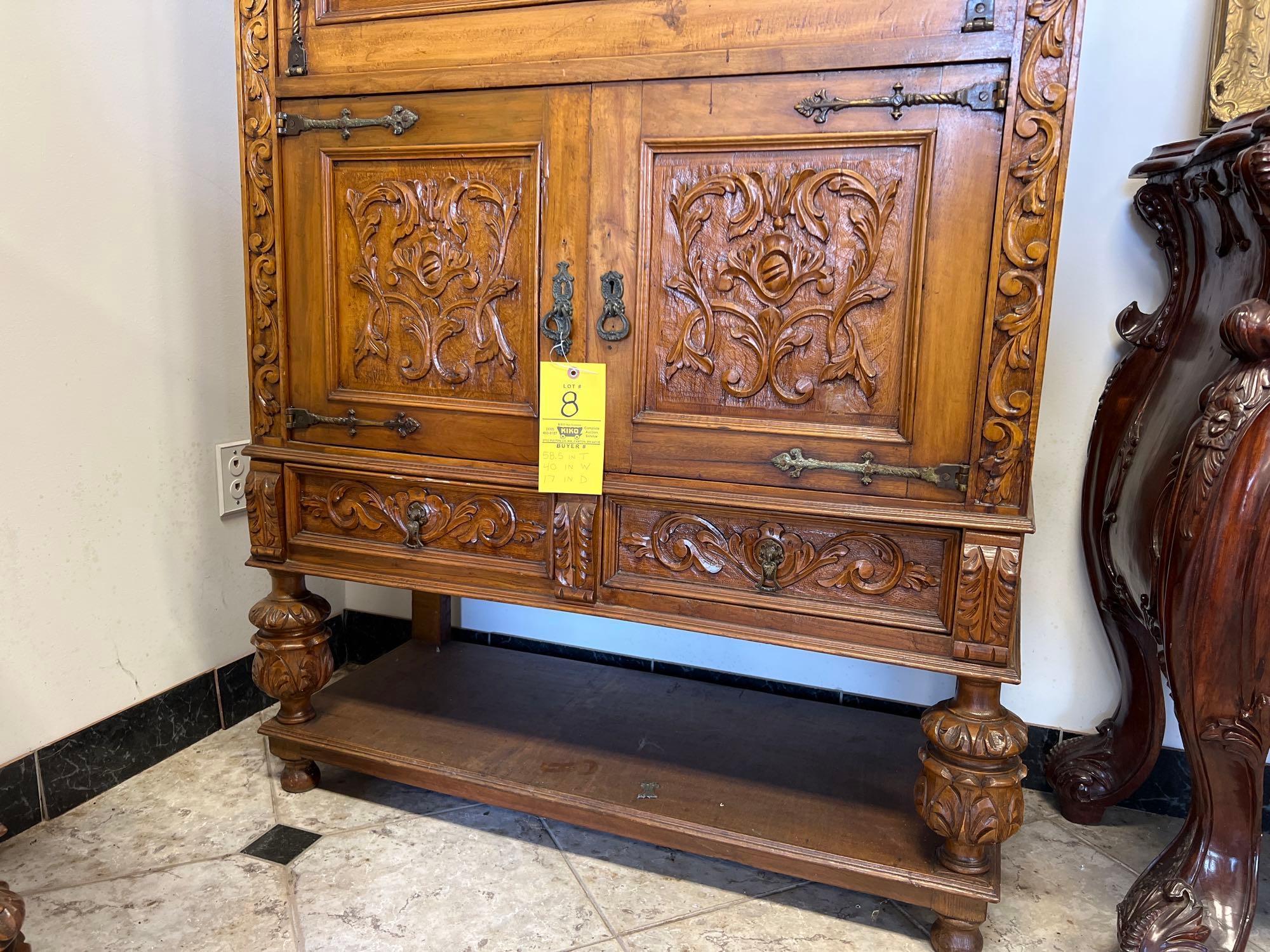 Ornate 1940s Mexican Walnut Drop Front Liquor Cabinet