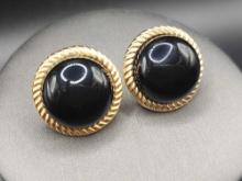 Large 14k gold button onyx pierced omega earrings