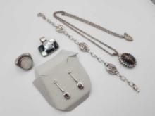 Sterling silver jewelry lot: ring, necklace, bracelet, garnet earrings