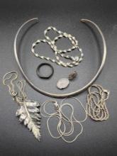 Sterling silver jewelry lot: torque, chains, pendant