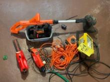black decker weed eater, hand held hedge trimmer and electric snippers, portable light,