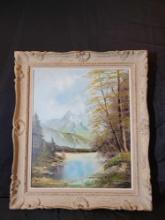 Vintage oil on canvas by George? framed mountain with lake scene