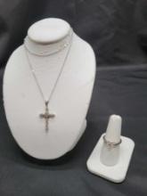 Sterling and genuine diamond cross ring and necklace