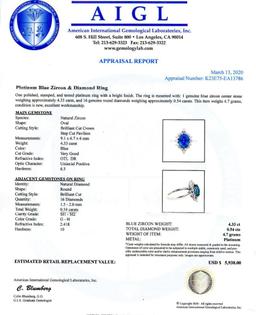 4.33 ctw Blue Zircon and 0.54 ctw Diamond Platinum Ring