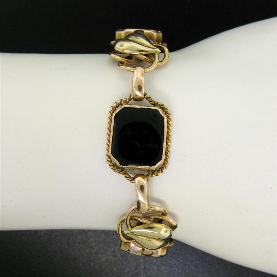 Retro Vintage 14k Green and Rose Gold Black Onyx and Open Leaf Link Bracelet