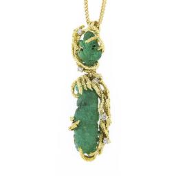 Vintage 18k Gold GIA Carved Emerald & Diamond Textured Dangle Pendant Necklace