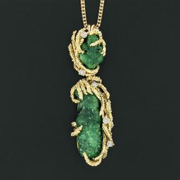 Vintage 18k Gold GIA Carved Emerald & Diamond Textured Dangle Pendant Necklace