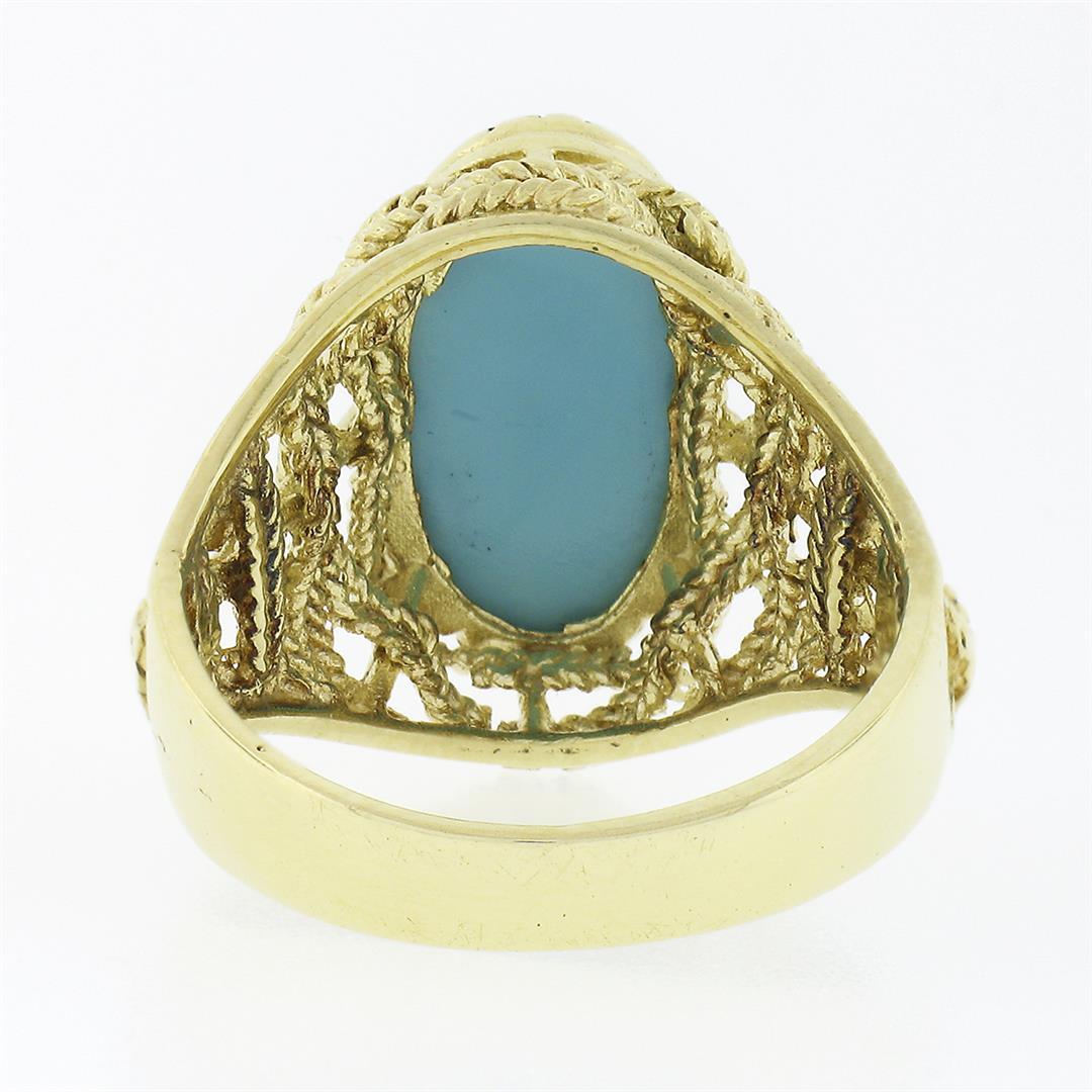 Estate Italian 18k Gold Oval Cabochon Cut Turquoise Solitaire Braided Cigar Ring