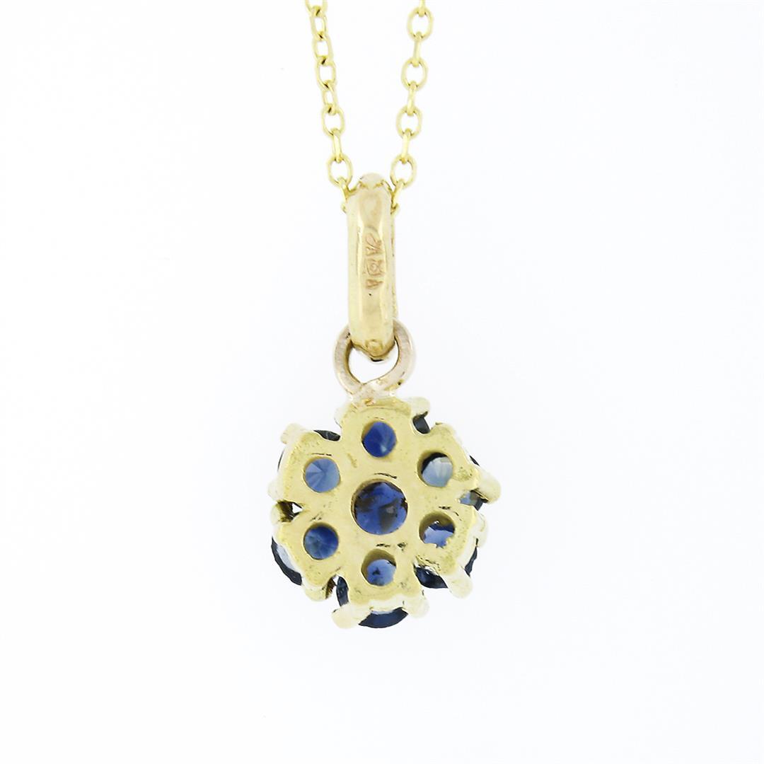 Estate 18k Yellow Gold 0.70 ctw Sapphire Flower Cluster Petite Pendant Necklace