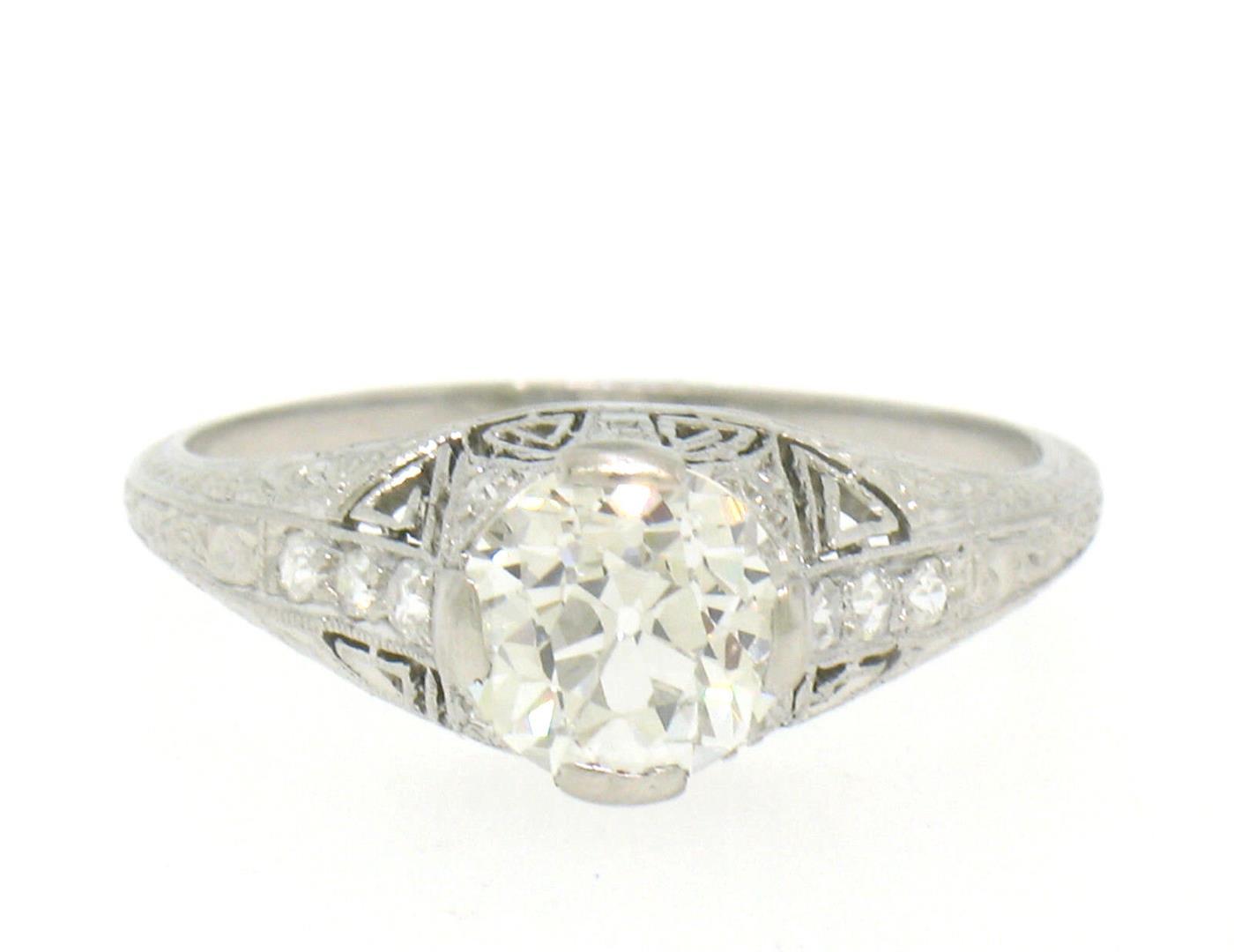 Antique Art Deco Platinum 1.30 ctw GIA Diamond Etched Filigree Engagement Ring