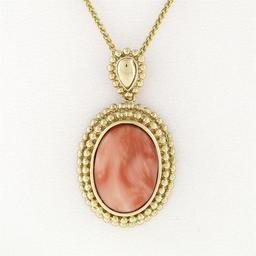 Vintage 14k Gold Oval Cabochon Coral Open Beaded Frame Pendant w/ Chain Necklace