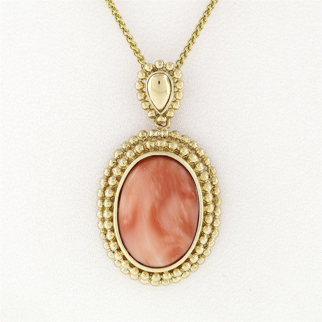 Vintage 14k Gold Oval Cabochon Coral Open Beaded Frame Pendant w/ Chain Necklace
