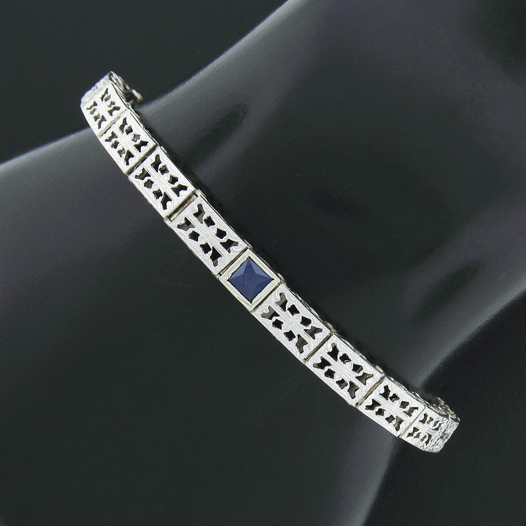 Antique Art Deco 14k White Gold Bezel Set Sapphire Etched Line Filigree Bracelet