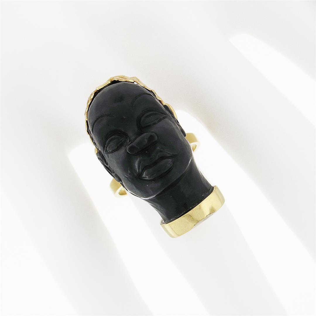 Vintage 14k Yellow Gold Carved Face Detailed Blackamoor Ring w Open Work Setting