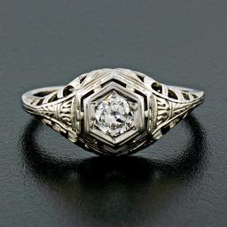 Antique Art Deco 18k Gold 0.26 ctw European Diamond Solitaire Etched Filigree Ri