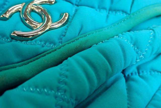 Chanel Turquoise Blue Quilted Bubble Jersey Snake Effect Chain Shoulder Bag