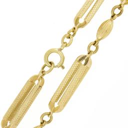 Fancy 14K Gold 29" Grooved Oval Bead Textured Open Bar Link Long Chain Necklace