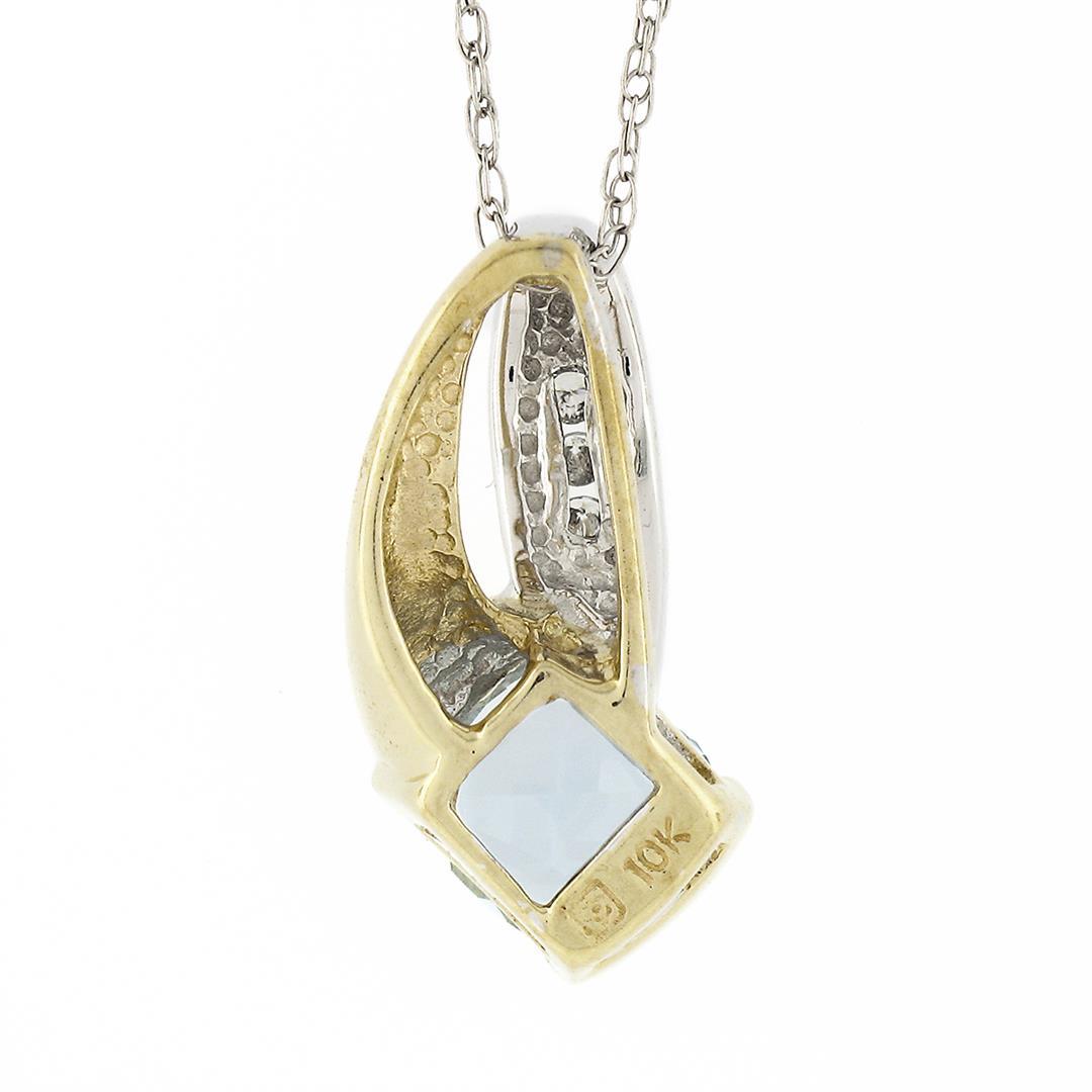 Petite 10K TT Gold Channel Blue Topaz Diamond Polished Overlap Pendant Necklace