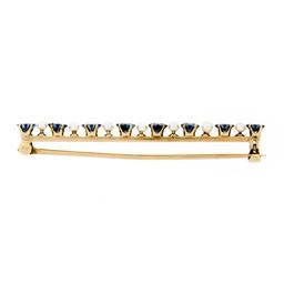 Antique 14k Gold 1.60 ctw Square Cut Montana Sapphire Natural Pearl Bar Brooch P