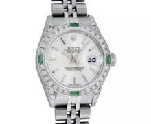 Rolex Ladies Quickset Stainless Steel Silver Index 18K White Gold Diamond & Emer