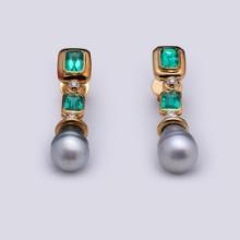 Pair of Elaborate 18K Yellow Gold Pearl, Diamond & Gilson Emerald earrings