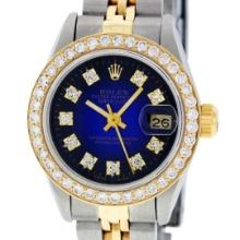 Rolex Ladies Two Tone Quickset Blue Vignette Diamond Datejust Wristwatch 26MM