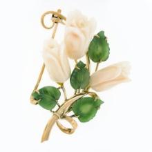 Vintage 18k Gold Carved Angel Skin Coral Rose Flowers w/ Jade Leaves Brooch Pin