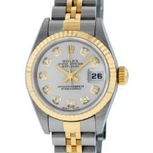 Rolex Ladies Two Tone 18K Quickset Sapphire Silver Diamond Datejust Wristwatch