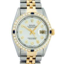 Rolex Mens Two Tone Silver And Sapphire Diamond 36MM Datejust Wristwatch