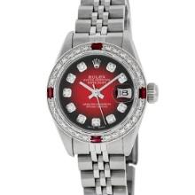 Rolex Ladies Quickset Stainless Steel Red Vignette Diamond And Ruby Datejust Wri